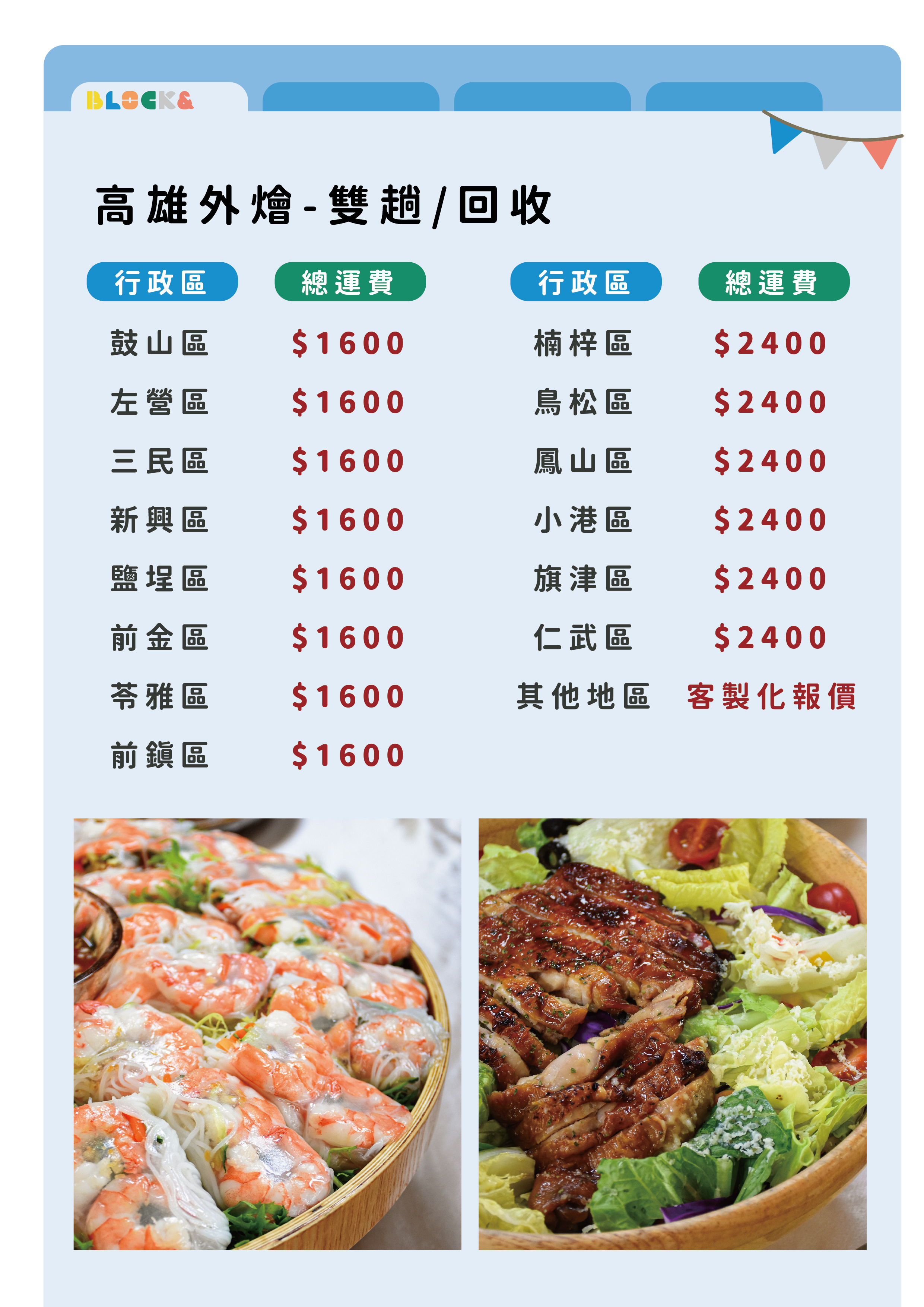 外燴 運費表格 雙趟回收